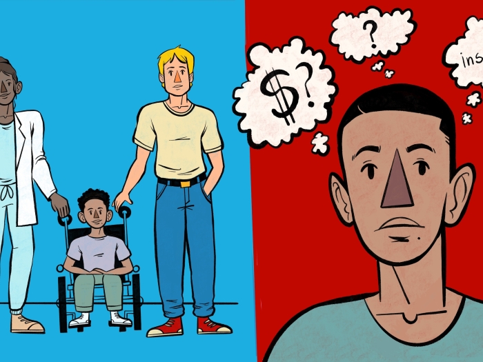 On left, a young boy in a wheelchair has his doctor standing to his left and his parent is standing to his right in a show of support. On the right side of the image, the boy is now an adult and is wondering about the cost of his care and if his questions will be answered.